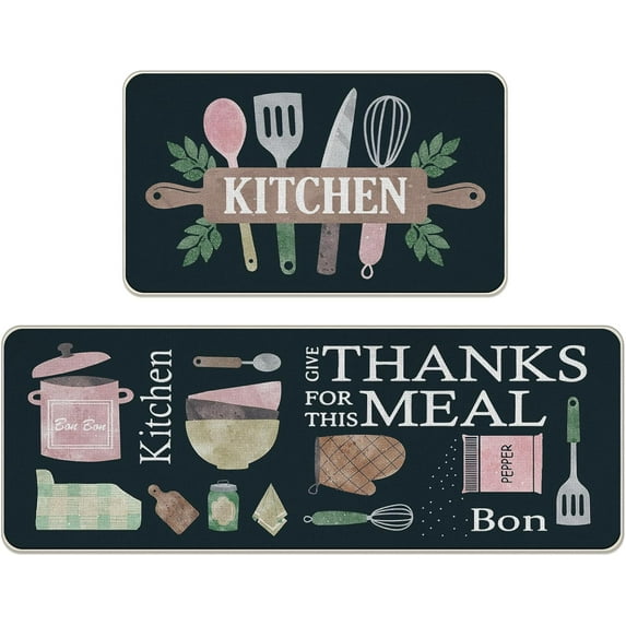 Cooking Utensil Kitchen Rugs Set of 2, Give Thanks for This Meal Black Kitchen Mats Decor, Bon Pot Bowl Floor Door Mat Home Decorations - 17x30 and 17x47 Inch