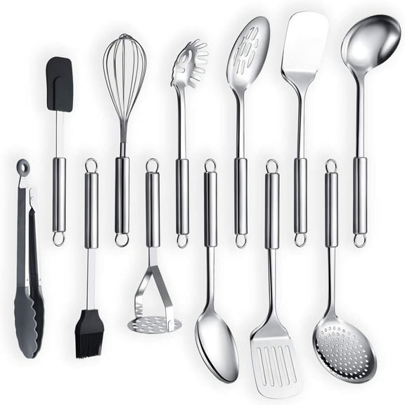 Cooking Utensil Set 12 Piece Stainless Steel Kitchen Tool Set, Include Cooking Spoon, Spatula, Whisk, Cooking Tong and etc (12 Pieces)