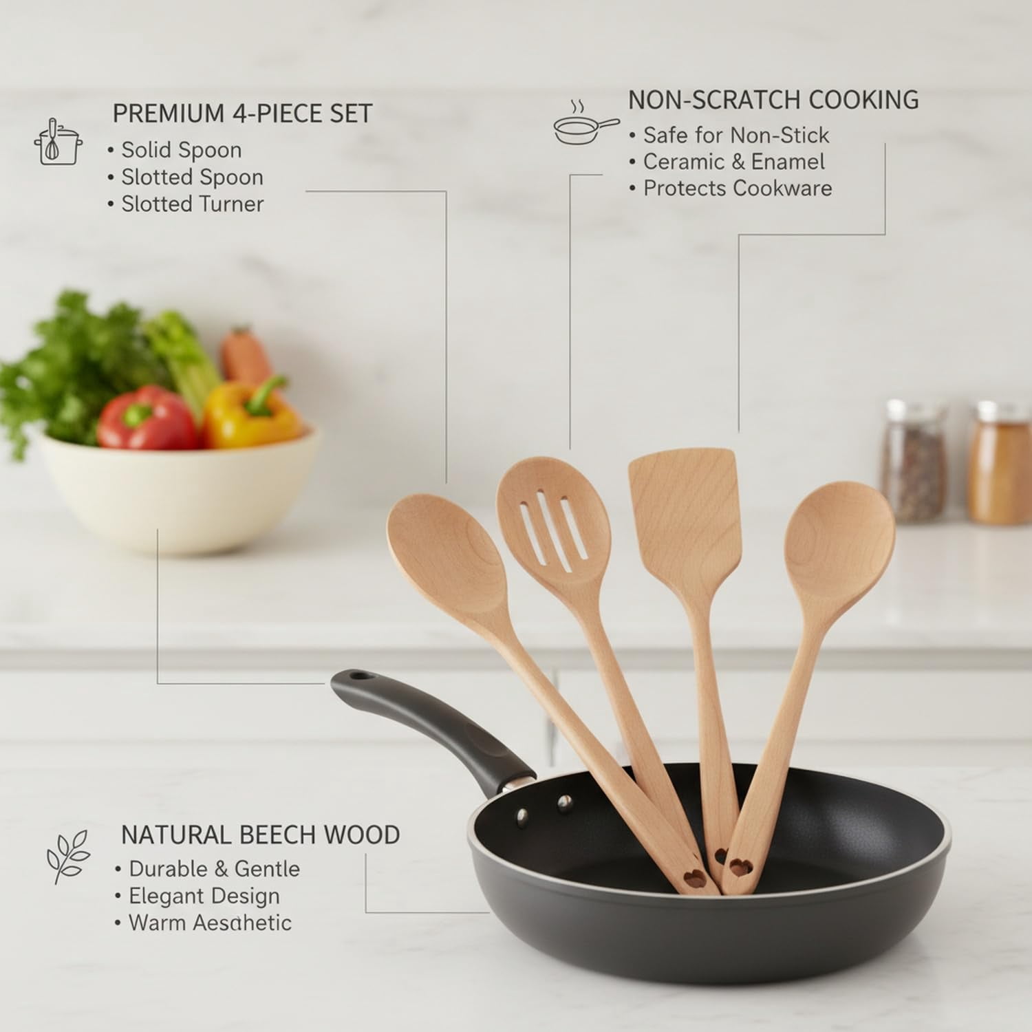 Cooking Utensil Set, 4 Pieces, 13.78 x 3.35 x 0.79 in, Beech Wood ...