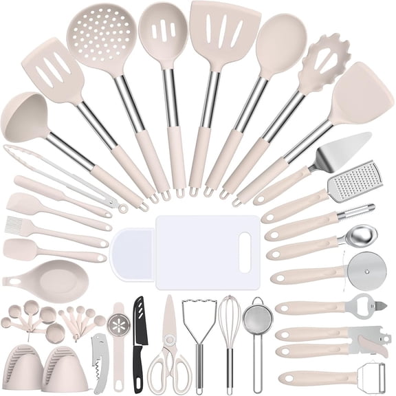Cooking Utensil Set,  43 count Heat Resistant Kitchen Utensil Gadgets Set-Stainless Steel Handle- Kitchen Spatula Tools for Nonstick Cookware, Pots and Pans Accessories (Khaki)