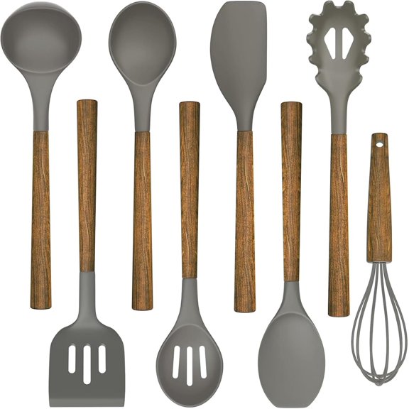 Cooking Utensil Set, 8- Kitchen Utensils Set with Acacia Wooden Handles,-Grade- Kitchen Gadgets and Spatula Set for Nonstick Cookware - Grey