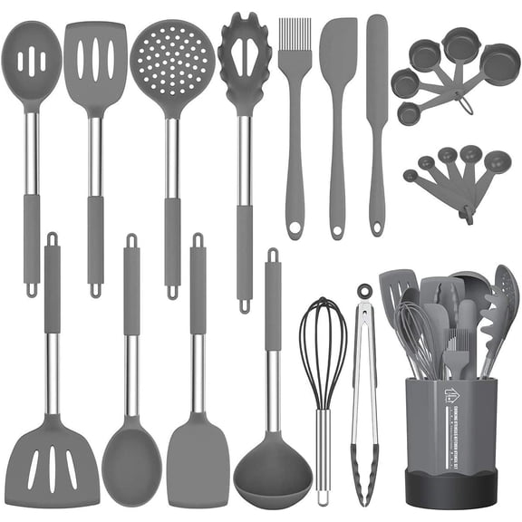 Cooking Utensil Set, Non-stick Kitchen Utensil 24 count Cooking Utensils Set, Heat Resistant Cookware, Kitchen Tools with Stainless Steel Handle (Gray-24pcs)