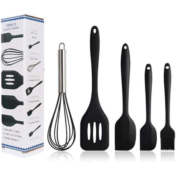 Cooking Utensil Set,Silicone kitchenware 5-Piece Set Cooking Spoon Spatula Whisk Brush Kitchen Tool Color Box Packaging Cooking Tool Sets Wholesale-Black
