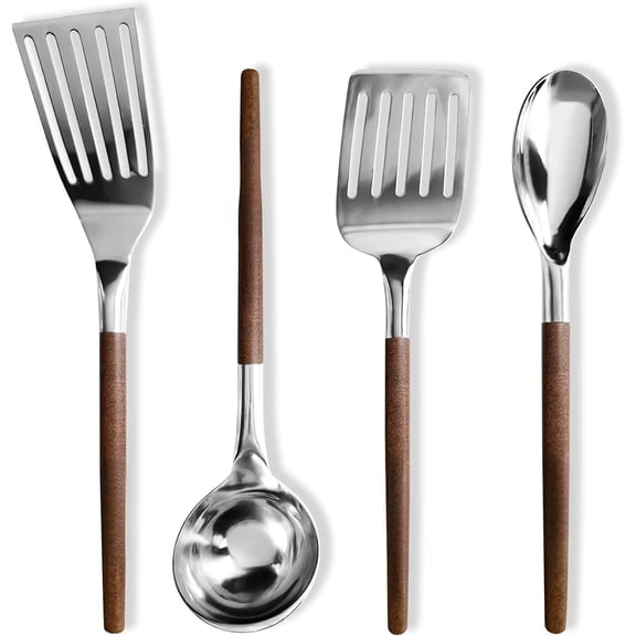 Cooking Utensil Set, Stainless Steel Kitchen Tools with Handcrafted Handles, Spatulas, Ladle and Spoon, Unique Wood Grain, Ideal Wedding and Housewarming Gift