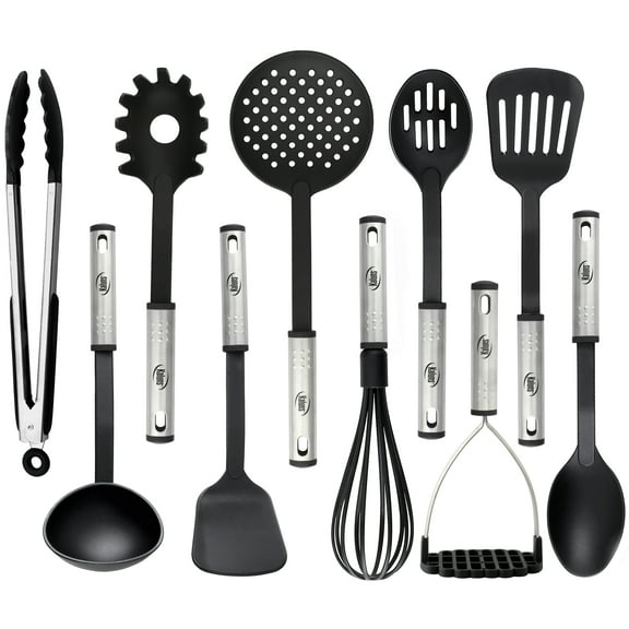 Cooking Utensils - 10 Nylon Stainless Steel Kitchen Supplies - Non-Stick and Heat Resistant Cookware set - New Chef's Gadget Tools Collection - Great Silicone Spatula - Best Holiday Gift Idea.