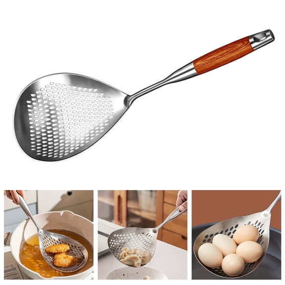 Cooking Utensils 304 Stainless Steel Large Slotted Spoon with Wooden Handle for Pasta Dumplings Hot Pot Kitchen Tool