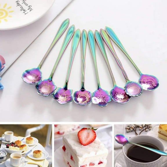 Cooking Utensils 8*Spoon Kitchen Essentials Flower Spoon Set 8Pcs Stainless Teaspoon Rainbow Color for Coffee Tea Mixing Sugar Ice Stir Bar Spoons 8 Diffient Pattern Colorful Cutlery