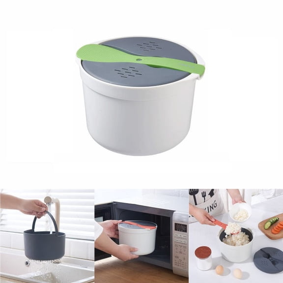 Cooking Utensils Microwave Rice Cooker Set for Easy Meal Prep 8-Cup Full Kitchen with Lid Spatula Measuring Cup and Cleaning Friendly Brown White Materials