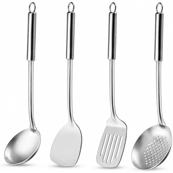 Cooking Utensils Set - 4 Pcs Stainless Steel Kitchen Utensils Set with Solid Turner, Slotted Turner, Serving Ladle, Slotted Spoon, Wok Utensils Set with Heat Resistant Handle, Dishwasher Safe