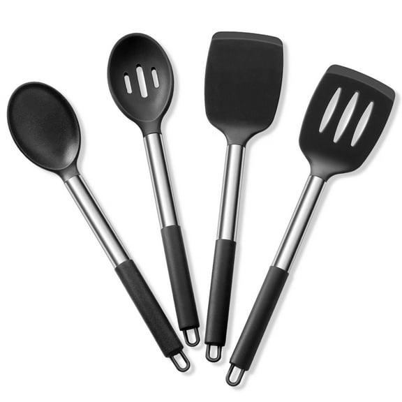 Cooking Utensils Set of 4,Silicone Kitchen Utensils for Non-stick Cookware,Heat Resistant & Non-toxic Slotted Spatula Solid Spoon Turner for Flipping Mixing Serving Basting(Black)