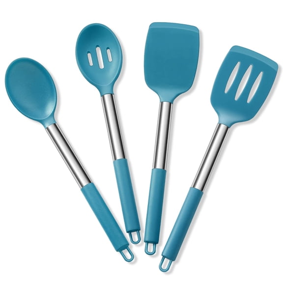 Cooking Utensils Set of 4,  Silicone Kitchen Utensils for Non-stick Cookware, Heat Resistant & Non-toxic Slotted Spatula Solid Spoon Turner for Flipping Mixing Serving Basting(Teal Blue)