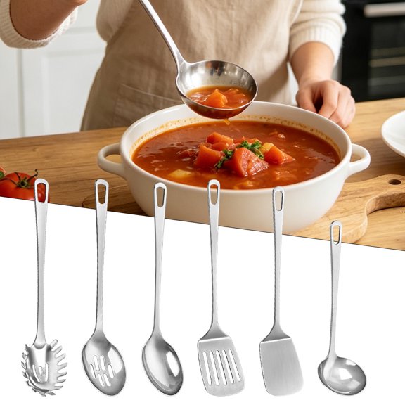 Cooking Utensils Set, 6 Pcs Stainless Steel Kitchen Utensils, Heat Resistant Metal Kitchen Tools Include Solid & Slotted Turner Wok Spatula Serving Spoon Ladle Pasta Server