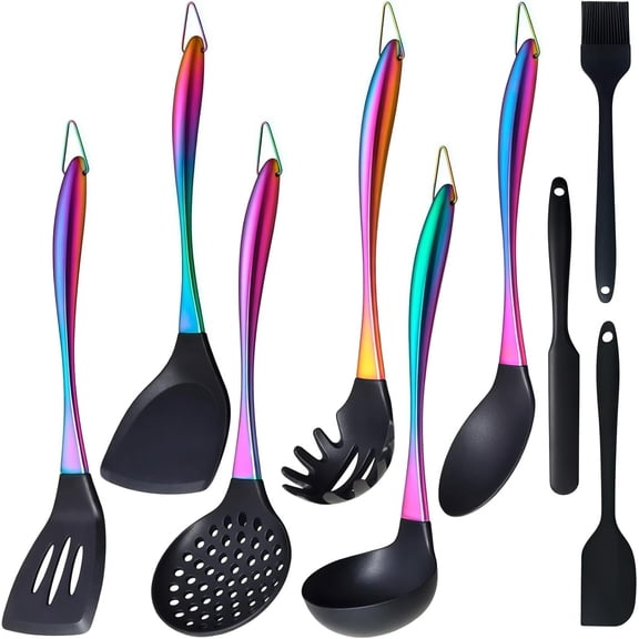 Cooking Utensils Set, 9 count Kitchen Utensil Set with Stainless Steel Handle, Heat-Resistant Utensils for Cooking, Non-Stick Spatula Set with Spoons, Turners, Ladle (Rainbow)