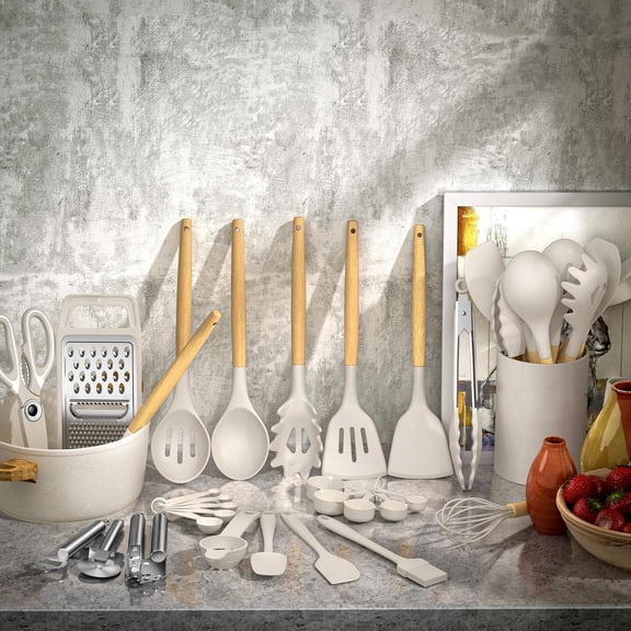 Cooking Utensils Set- Chef Khaki Silicone Kitchen Utensils Set, 34PCS Heat Resistant Kitchen Gadgets Tools Set with Grater, Wooden Handle Kitchen Spatula Set for Nonstick Cookware