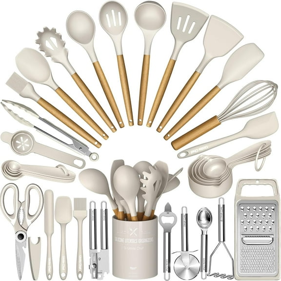 Cooking Utensils Set- Khaki Silicone Kitchen Set, 34PCS Heat Resistant Gadgets Tools Set with Grater, Wooden Handle Spatula for Nonstick Cookware
