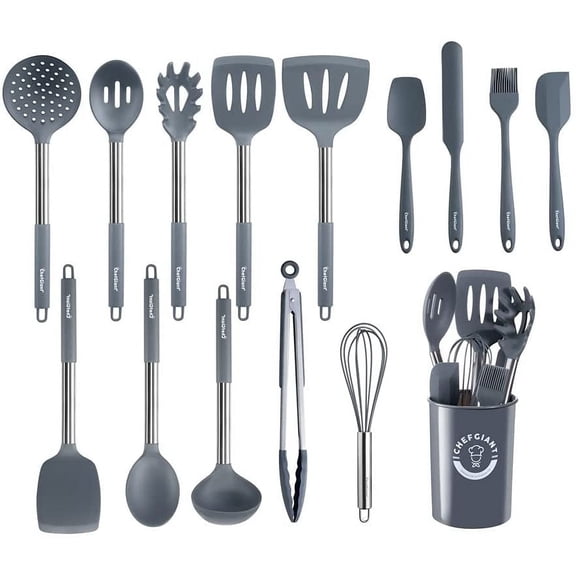 Cooking Utensils Set - Stainless Steel Handle, 15 Piece Kitchen Utensil Sets | Nonstick, Heat Resistant, BPA Free & Dishwasher Safe | Grey
