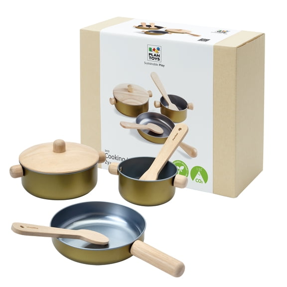 PlanToys Wooden Cooking Utensils Set for Montessori Inspired Pretend Play , Practical Life, Creativity and Social Skill Development , Eco Friendly Wooden Kitchen Utensil Toys for Imaginative Cooking