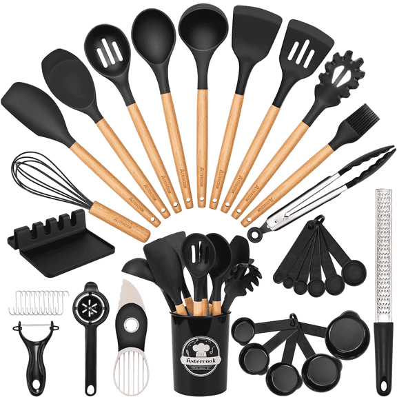 Astercook Silicone Cooking Utensils Set, 38 PCS Kitchen Utensils Set for 446°F Heat Resistant, Food Grade Utensil Sets with Wooden Handle, Kitchen Gadgets for Nonstick Cookware BPA Free (Black)