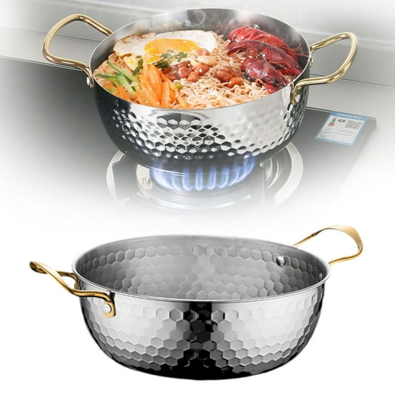 Stainless Noodle Pot with Double Handles, Hammered Men Pot, Korean Ramen Cooking Pot, Nonstick, For Soup, Pasta, Stew, Small Silver