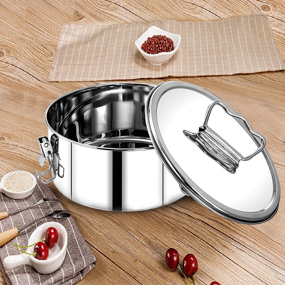 Cooking UtensilsStainless Steel Pan with Handle Large Capacity Round Flanera Maker Portable Cake Baking Pan for Cheesecake Chocolate Cupcake With Lid, Silver