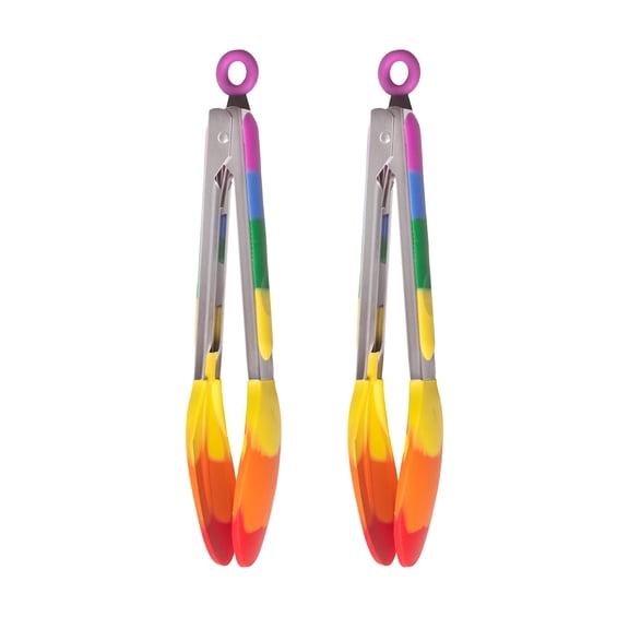 HIC Kitchen Rainbow Non-Stick Spring-Action Locking Tongs, Heat-Safe Silicone With Zinc-Plated Iron, 10.25-Inch, Set of 2