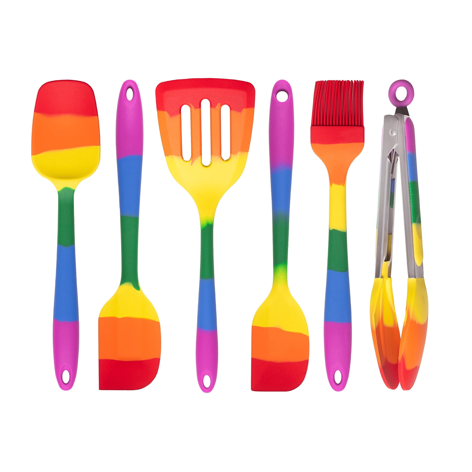 HIC Kitchen Rainbow Silicone Tools, Non-Stick and Heat-Safe, 6-Piece Set