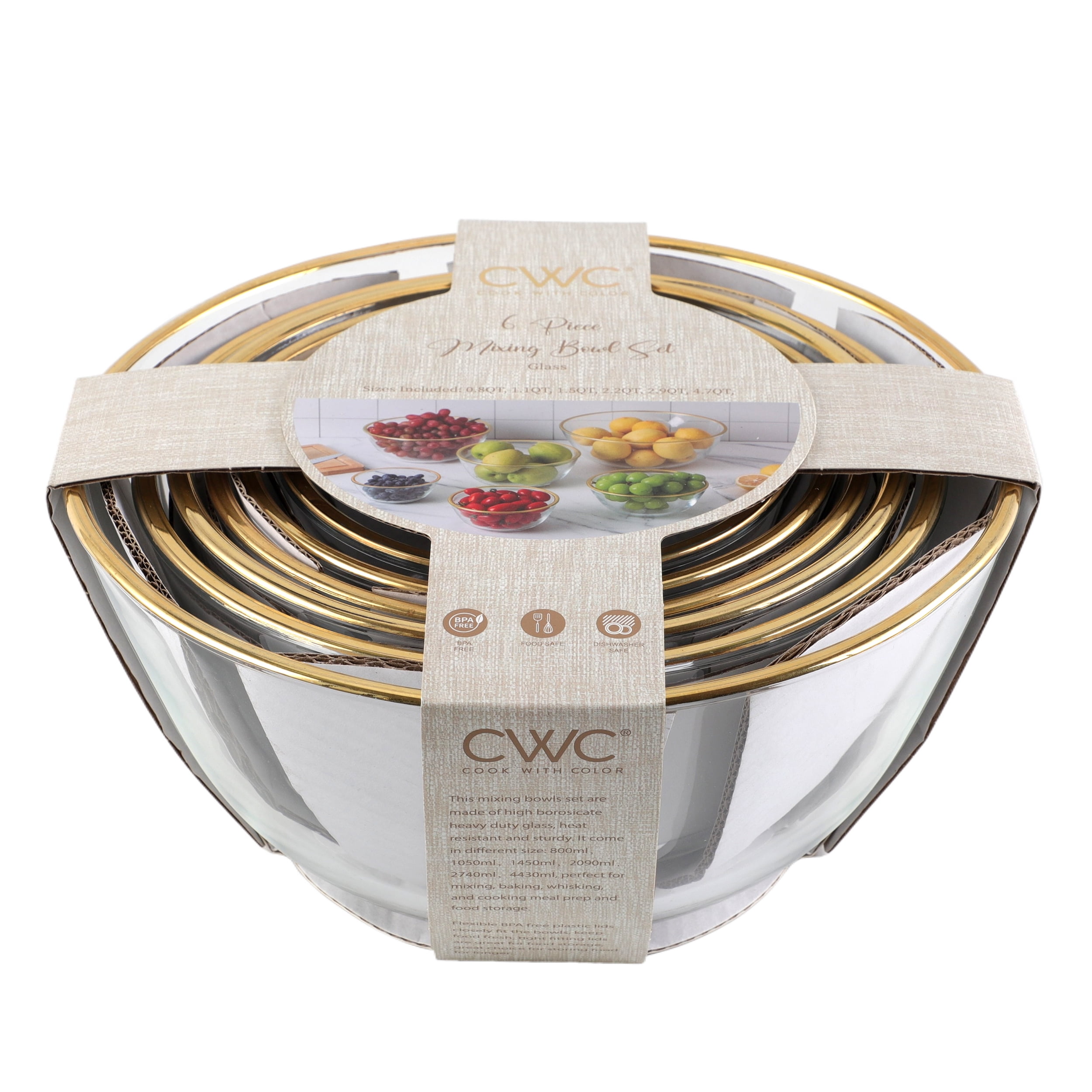 Cook with Color 6-Piece Glass Mixing Bowl Set – Nesting, Versatile & Dishwasher Safe