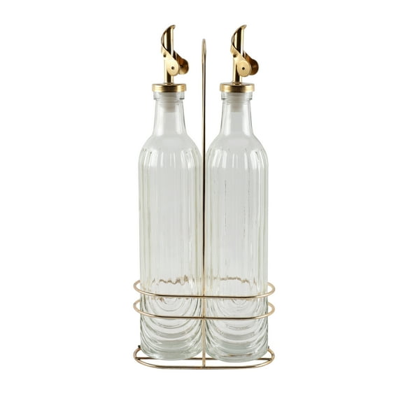 Cook with Color Glass Olive Oil and Vinegar Dispenser Bottles, Cruet Set with Caddy