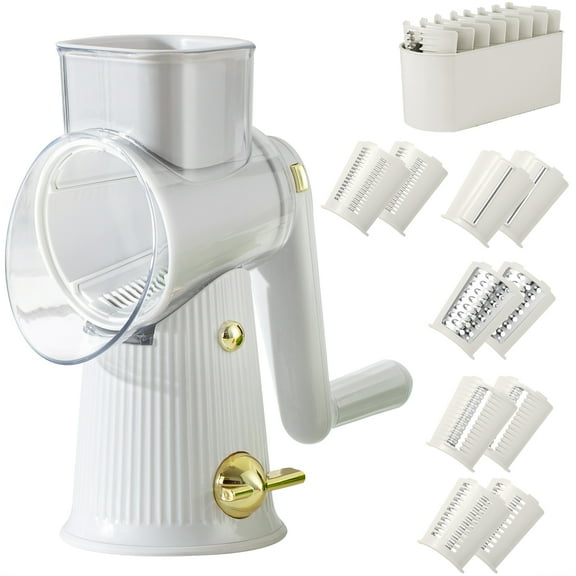 Cook with Color Plastic Rotary Grater with 5 Interchangeable Stainless Steel Blades Cheese Grater, Mandoline Slicer, & Vegetable Shredder