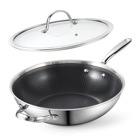 Cooks Standard 12-Inch Hybrid Nonstick Wok with Tempered Glass Lid, Multi-Ply Clad Stainless Steel Flat Bottom Wok Stit Fry Pan, Oven Safe, Induction Ready, Compatible with All Stovetops