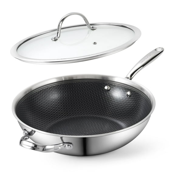 Cooks Standard 12-Inch Hybrid Nonstick Wok with Tempered Glass Lid, Multi-Ply Clad Stainless Steel Flat Bottom Wok Stit Fry Pan, Oven Safe, Induction Ready, Compatible with All Stovetops