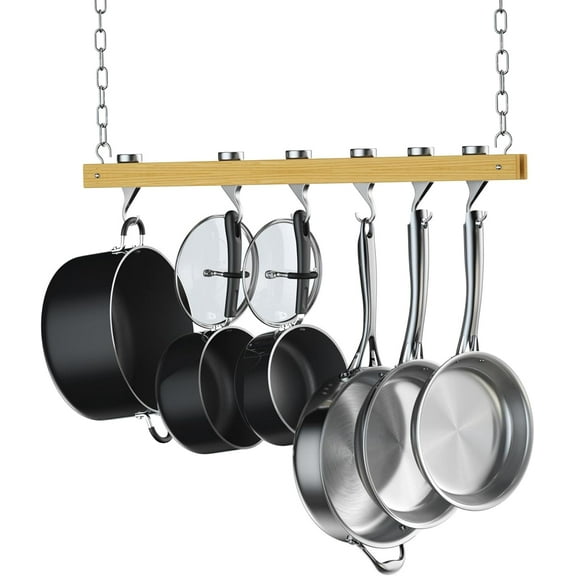Cooks Standard 36 inch Hanging Pot Rack, Ceiling-Mounted Wooden Rail System Pot Rack for Kitchen Pots and Pans  Storage, with 6 Solid Cast Aluminum Swivel Hooks