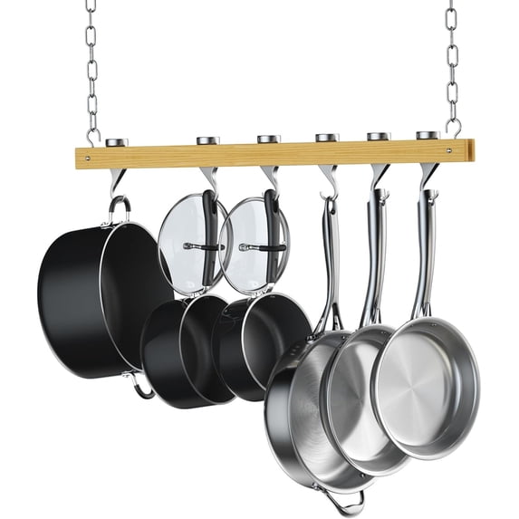Cooks Standard 36 inch Hanging Pot Rack, Ceiling-Mounted Wooden Rail System Pot Rack for Kitchen Pots and Pans Storage, with 6 Solid Cast Aluminum Swivel Hooks