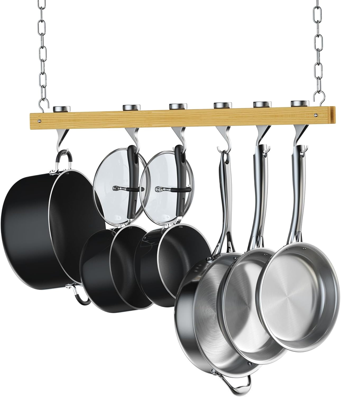 Cooks Standard 36 Inch Ceiling Mounted Wooden Pot Rack With 6 Solid Cast Aluminum Swivel Hooks Movable Tracks Type Hanging Suitable For Heavy Duty Pots And Pans Com