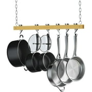 Cooks Standard 36-Inch Ceiling Mounted Wooden Pot Rack with 6 Solid Cast Aluminum Swivel Hooks, Movable Tracks Type Hanging Pot Rack Suitable for Heavy Duty Pots and Pans