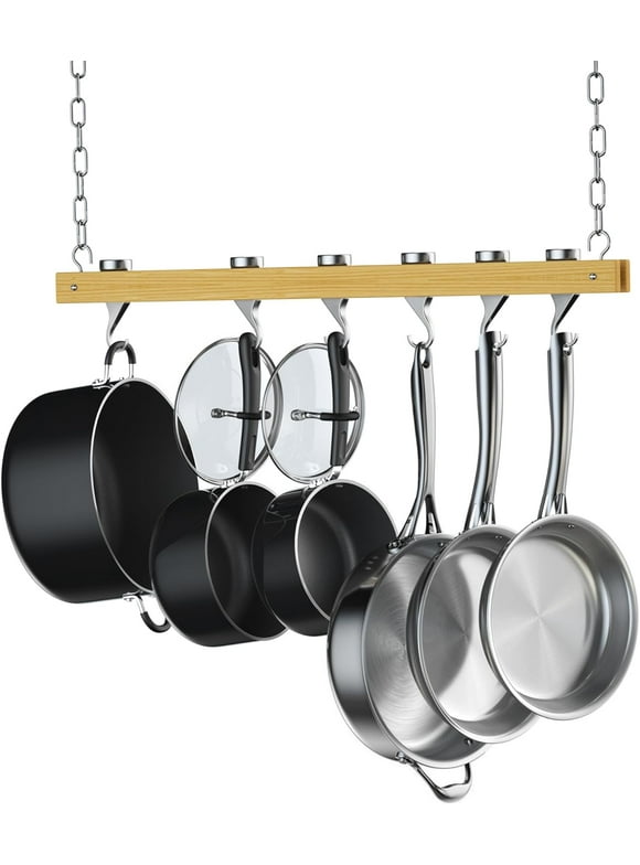 Cooks Standard 36-Inch Ceiling Mounted Wooden Pot Rack with 6 Solid Cast Aluminum Swivel Hooks, Movable Tracks Type Hanging Pot Rack Suitable for Heavy Duty Pots and Pans