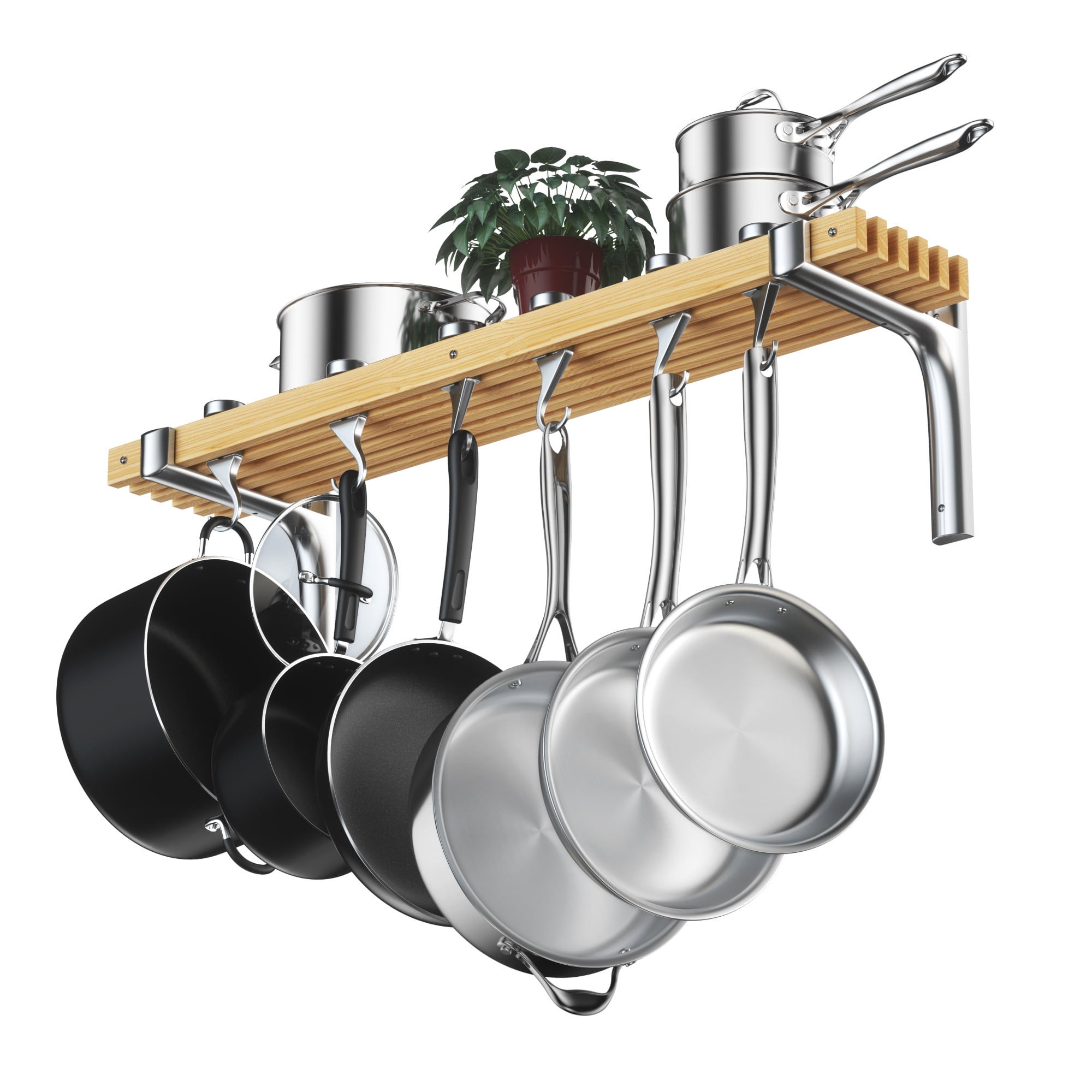 36-Inch Natural Wood Wall-Mounted Pot Rack with Aluminum Hooks