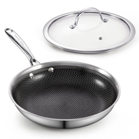 Cooks Standard Hybrid Mutli-Ply Clad 10 Inch Nonstick Frying Pan, Stainless Steel Skillet with Tempered Glass Lids, Cool Handle, Oven Safe, Compatible with All Stovetops