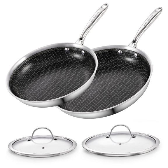 Cooks Standard Hybrid Nonstick Frying Pan Set, 10 and 12-Inch Multi-Ply Clad Stainless Steel 2 Piece Skillet with Tempered Glass Lids, Oven Safe, Compatible with All Stovetops