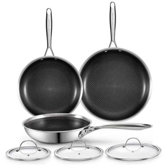 Cooks Standard Hybrid Mutli-Ply Clad 8, 10 and 12 Inch Nonstick Frying Pan, Stainless Steel Skillet with Tempered Glass Lids, Cool Handle, Oven Safe, Compatible with All Stovetops, 3-Piece