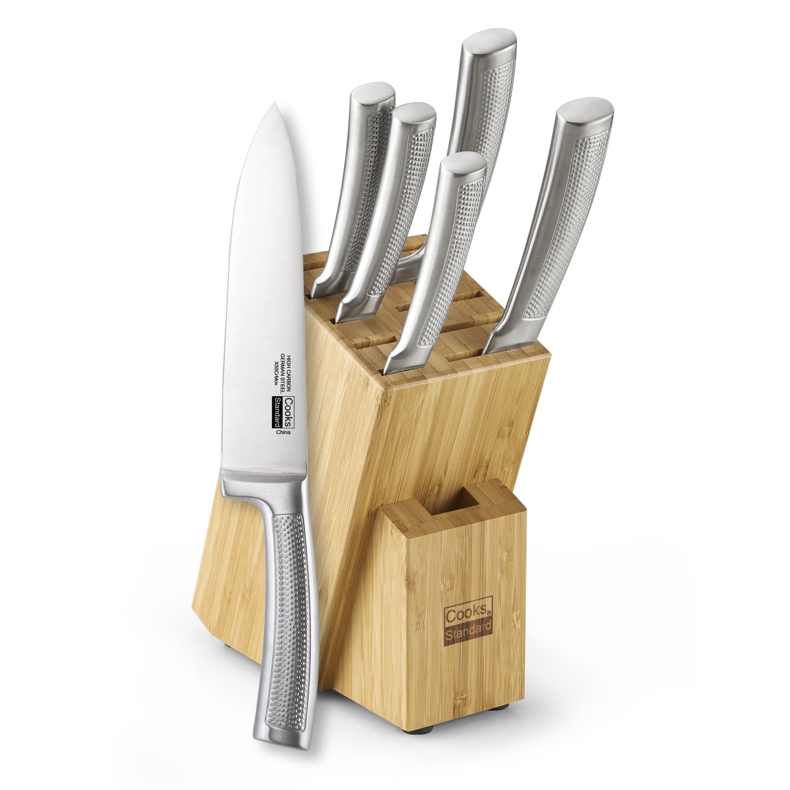 Cooks Standard Classic Bamboo Kitchen Cutlery Block Set with Knifes, Stainless Steel Forge High Carbon German Blade with Expandable Bamboo Storage Block for Extra Slots, 6-Piece