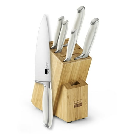 Cooks Standard Kitchen Knife Set with Block 6-Piece, Stainless Steel Forge High Carbon German Steel Sharp Blade with Bamboo Wood Storage Block, White