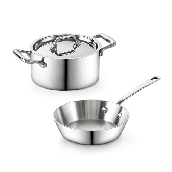Cooks Standard Multi-Ply Clad Stainless Steel Butter Warmer Set, Mini Cookware Duo Set, Stainless Steel Butter Melting Pots, Fry Pan 4.7 Inch & Casserole 0.68 Qt, Mini Pot and Pan, 3 Pieces, Silver