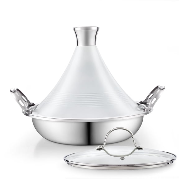 Cooks Standard Multi-ply Clad Stainless Steel Moroccan Tagine Pot 11 Inch 3.6 Qt, Dual Handles, Clay Pot Alternative for Slow Cooking, with Conical Die-Cast Aluminum & Glass Lid, WhiteCooks Standard