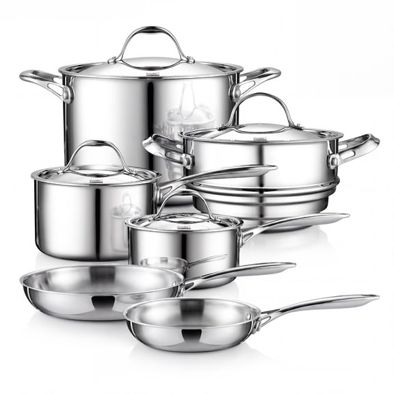 Cooks Standard 10 Piece Tri-ply Stainless Steel Pots and Pans Set, Cookware Set with Lids- Flying Pan, Saucepan, Steamer, Stockpot, Cool Grip Handles, Oven/Dishwasher Safe