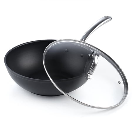 Cooks Standard Classic 11 Inch Nonstick Wok Pan with Lid, Hard Anodized Non Stick Deep Frying Pans, Flat Bottom Wok for Stir Fry, Dishwasher & Oven Safe, Black