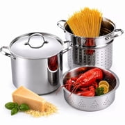 Cooks Standard Classic 12 Quart Pasta Pot Set, 18/10 Stainless Steel, Spaghetti Cooker Steamer Stock Pot Multipots with Strainer Insert, Stainless Steel Lid, 4-Piece