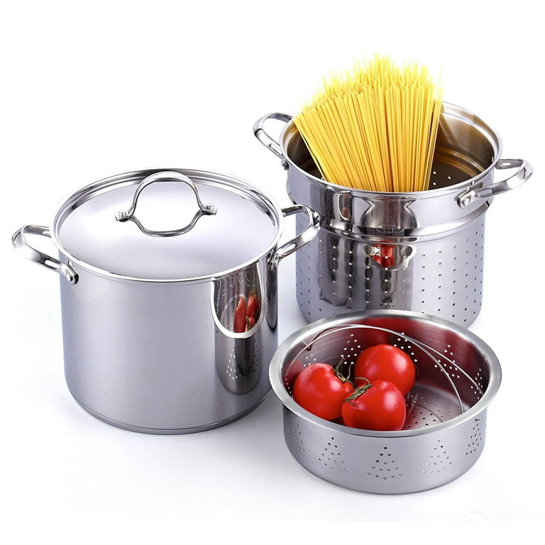 8 Qt. Stainless Steel Multi-Cooker Pasta Pot with Lid and Red Silicone Handles