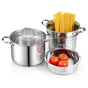 Cooks Standard Classic 8 Quart Pasta Pot Set, 18/10 Stainless Steel, Spaghetti Cooker Steamer Stock Pot Multipots with Strainer Insert, Tempered Glass Lid, 4-Piece