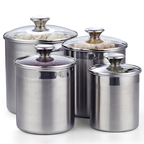 Cooks Standard Classic Stainless Steel Food Jar Storage Canister Set Large, Airtight Containers with Glass Lid for Tea Coffee Sugar Flour Pantry Kitchen Counter, 4-Piece